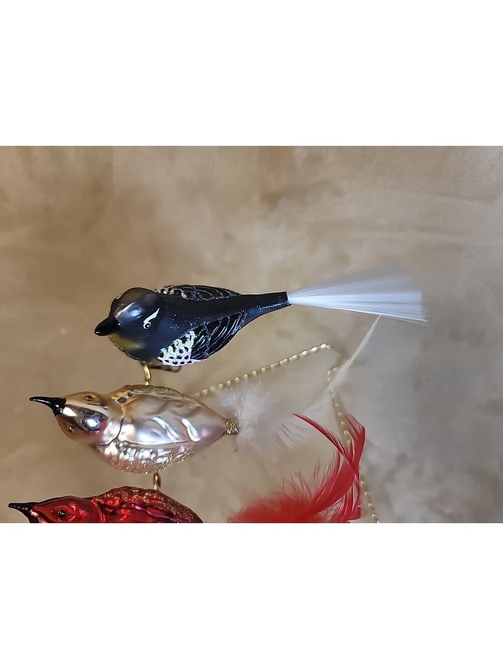 5 Vintage Mercury Glass Clip on Bird Christmas Ornaments Feathers & Spun Tails